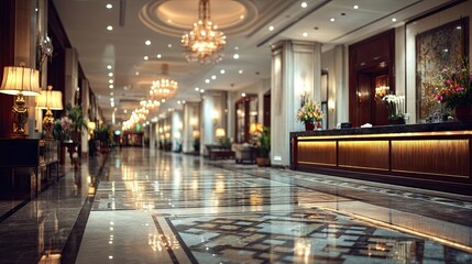Upscale Travel Backdrop: Soft Focus Modern Reception Desk and Rich Interior Design