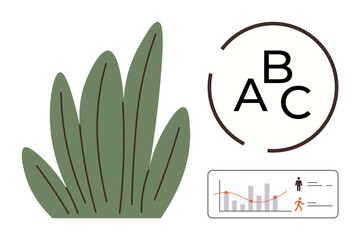 Green leaves cluster, bold serif letters A, B, C in a circular outline, and a simple bar chart with human icons. Ideal for education, environment, growth data learning analysis and trends. A