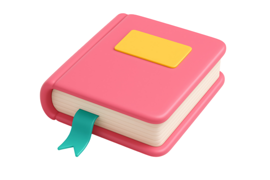Pink hardcover book 3d icon with yellow label and green bookmark for education learning literature library and reading concept isolated on transparent background - Powered by Adobe