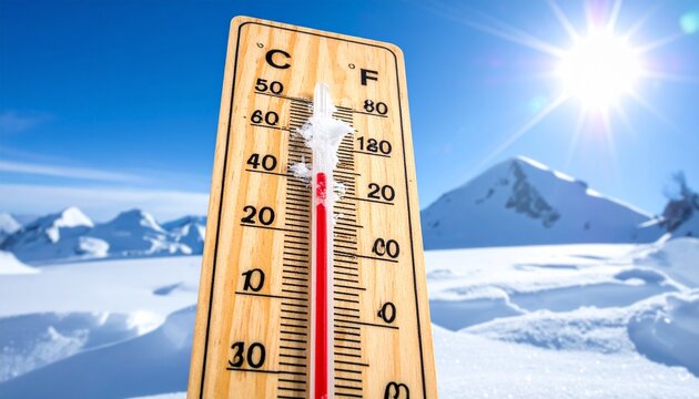 Thermometer in Ice Landscape: a thermometer amidst a snow-covered environment, its numbers standing out against the cold.