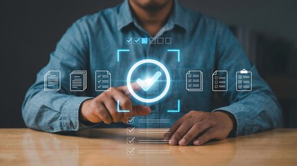 A man interacts with a futuristic interface displaying data icons and a prominent checkmark suggesting verification or quality control