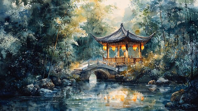 Chinese Feng Shui Ink Pavilion Terrace Flowing Water