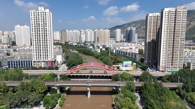 Aerial View of Xining City, Qinghai Province, Western China Urban Development