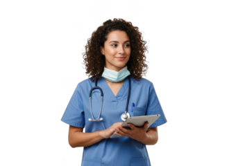 Female doctor in scrubs holding a tablet isolated on transparent background