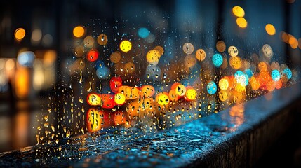 Cinematic Blue and Gold Cityscape Texture: Abstract Rainy Window View for Corporate Background