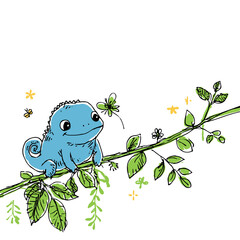Cute cartoon chameleon sitting on a branch surrounded by flowers © Edik