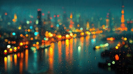 Reflective Business Mood: Blurred Skyscraper Lights Seen Through Condensation on Glass