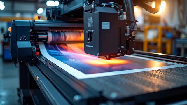 Large format inkjet printer working on a colorful design in an industrial setting.