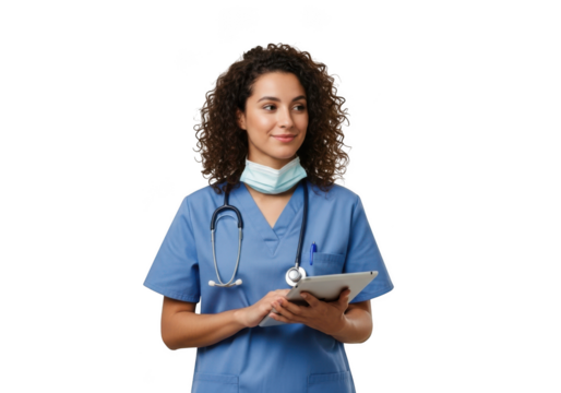 Female doctor in scrubs holding a tablet isolated on transparent background - Powered by Adobe