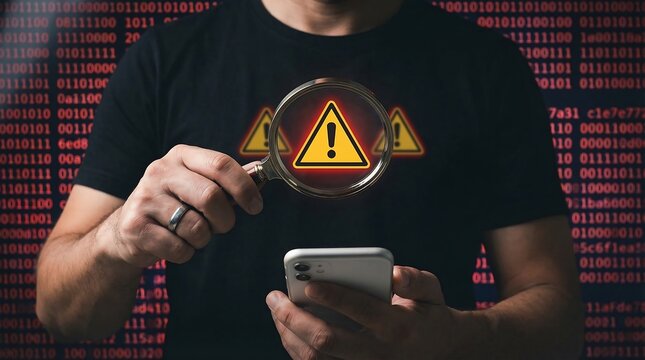 a person examines a smartphone with a magnifying glass against a backdrop of binary code and warning signs symbolizing digital security risks - Powered by Adobe