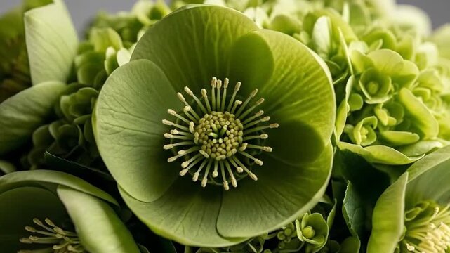 Close-up of a green flower with intricate stamen details creating a vibrant floral composition.