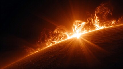captivating solar flare erupting from the surface of the sun, fiery solar activity with light beams and plasma waves in space