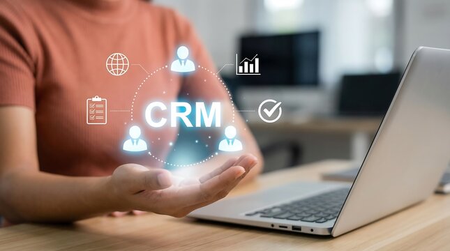 A person interacting with a glowing crm interface projected from their hand showing data analytics and customer relationship management concepts on a laptop