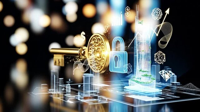 Digital security and investment growth shown through a golden key, lock, and building.