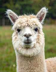 Fototapeta premium Close-up portrait of a fluffy white alpaca looking directly at the camera in a natural outdoor setting.