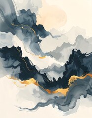 Abstract Watercolor Painting with Mountains Landscape.