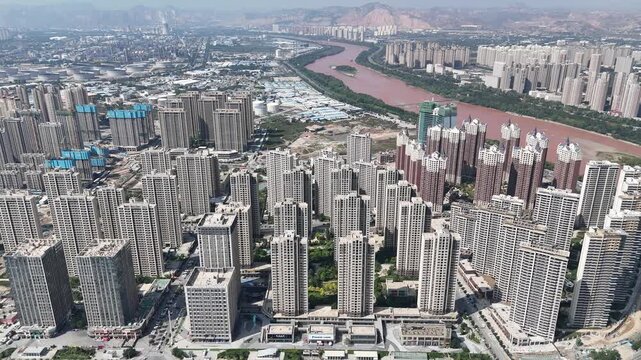 Lanzhou Aerial View - Western China Urban Development and Yellow River