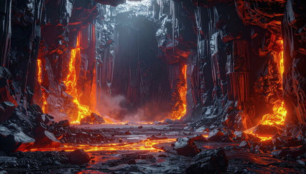 Volcanic Lava Cave with Glowing Molten Rock
