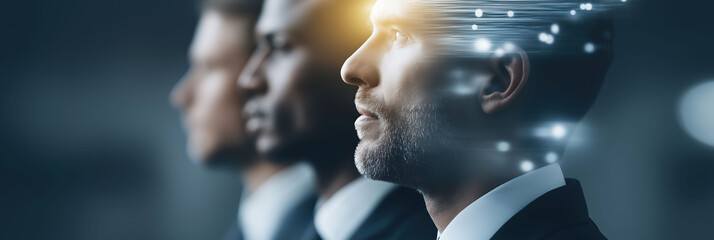 Futuristic executive profile glows with neural data trails suggesting visionary innovation.