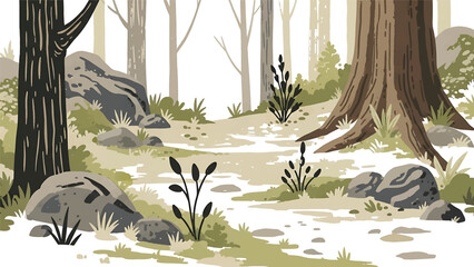 Naklejka na ściany i meble Modern vector watercolor-style seamless woodland wallpaper featuring trees, rocks, and small plants, organic forest floor nature background for surface design