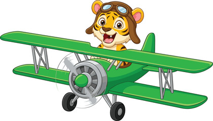 Funny cartoon tiger pilot flying green biplane airplane, illustration cute animal aviation character kids vector isolated white background design art © MstMinara