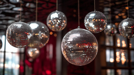 Obraz premium Modern Interior Design with Hanging Metallic Spheres in a Contemporary Architectural Space, Abstract Luxury Decor and Minimalist Design Concept