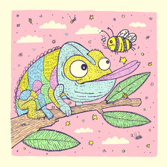 Colorful Cartoon Chameleon on a Branch