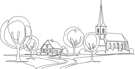 Minimal line art village landscape with church, trees and houses, peaceful countryside scenery, hand drawn rural illustration