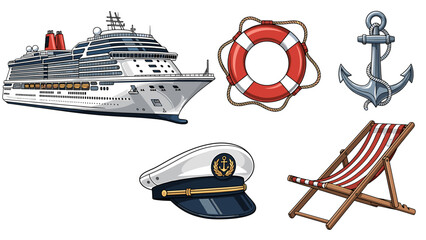 Cruise Ship, Life Preserver, Anchor, and Deck Chair Icons