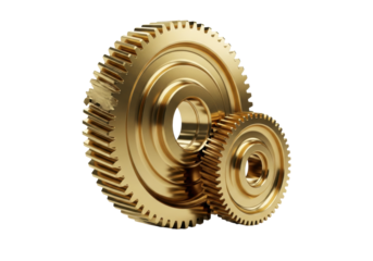 close-up of two perfectly interlocked precision brass gear wheels, one large, one small, with a glossy golden luster and sharp reflections on a transparent background, concept of industrial