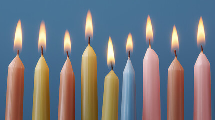 wax. Colorful tapered candles drip wax onto a dark blue surface, glowing softly in warm light. event programs, museum guides, designed for cultural heritage projects and event programs.