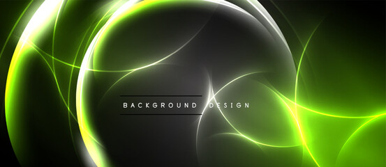 Abstract neon lines create glowing shapes. Dark background emphasizes bright green, yellow curves, modern design elements.