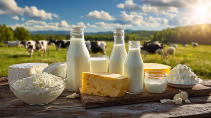 Dairy products, including milk, cheese, and cottage cheese, are on a rustic table with cows in a pasture