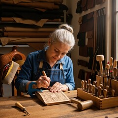A female artisan carving a detailed pattern into leather in her workshop. Skilled craftswoman creating handmade goods at a workbench. Traditional leatherwork and small business concept