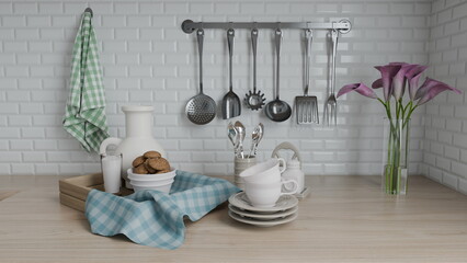 kitchen countertop shows a collection of cooking utensils hanging on a rack. tray holds a bowl of cookies and plates with cups on a checkered cloth next to flowers. 3d render