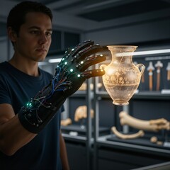 Man with a haptic glove interacts with a virtual hologram of an ancient artifact. Futuristic technology for archaeology research in a museum. Augmented reality and digital preservation concept