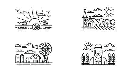 Simple line art illustrations depicting rural landscapes and farming elements