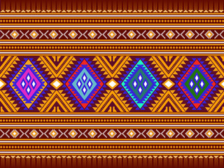 Seamless ethnic tribal pattern, geometric diamond motifs, brown and gold tones, blue accents, traditional textile design.