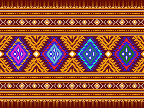 Seamless ethnic tribal pattern, geometric diamond motifs, brown and gold tones, blue accents, traditional textile design.