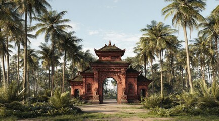 Fototapeta premium Ornate brick structure framed by tall palm trees under clear blue sky
