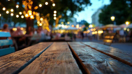 Empty Wooden Table Perspective with Blurry Night Cafe Scene Background