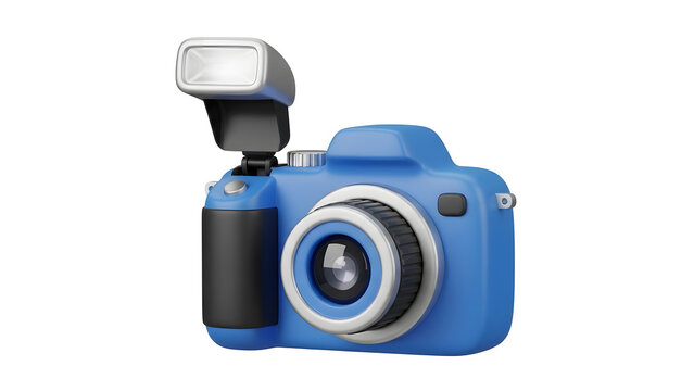 Modern blue camera with flash for professional photography needs