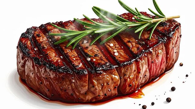Perfectly grilled steak with rosemary, a culinary delight on a white background.