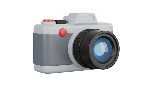 Modern gray and white camera with red accents and large lens