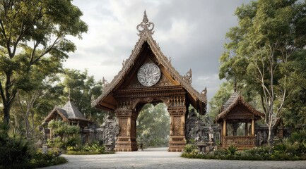 Fototapeta premium Ornate wooden gateway with architectural details in lush green landscape