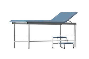 Fototapeta premium Medical examination table with adjustable backrest and step stool on white background
