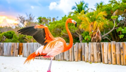 Vibrant pink flamingo with outstretched wings on a sandy beach.  Palm trees and a wooden fence in the background.  Sunrise or sunset colors