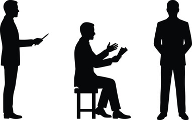 Business people silhouettes communicating and reading documents, professional discussion and presentation scene isolated on white background, leadership, teamwork, corporate concept illustration