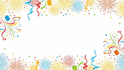 Vibrant festive border with colorful fireworks, confetti, and streamers on a white background, perfect for celebrations and events.