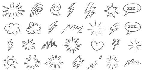 Fototapeta premium Comic book expression symbols and action lines, 28 hand-drawn doodle icons in EPS vector format, minimalist lightning bolts and speech bubble illustrations for manga